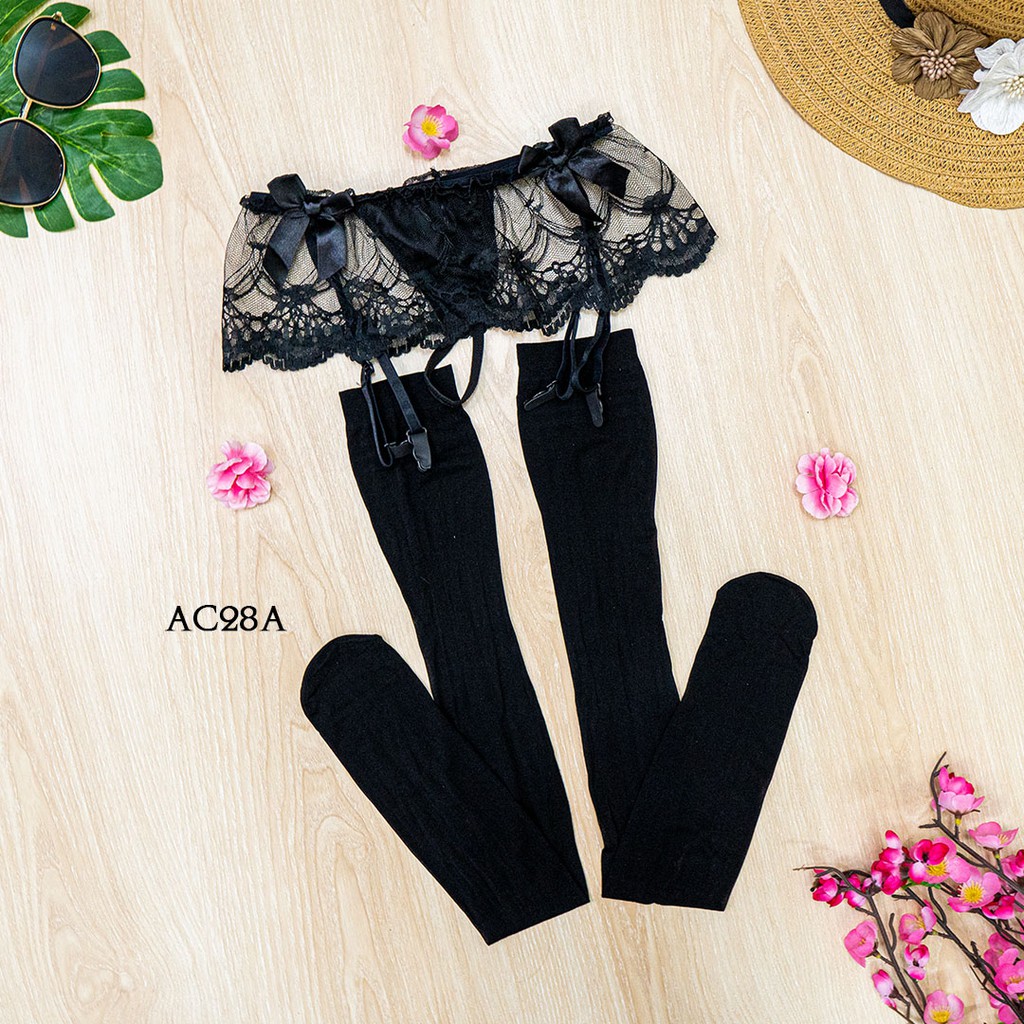 [STOK TERBATAS] LEGGING STOCKING SEXY + SABUK PAHA GARTER BELT LACE HITAM AC28A