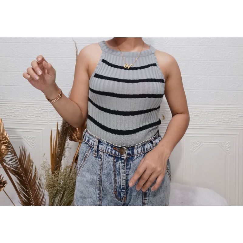 Crop Tee Tanktop Wanita Rajutan Tank top Inner Knit Salur Tebal