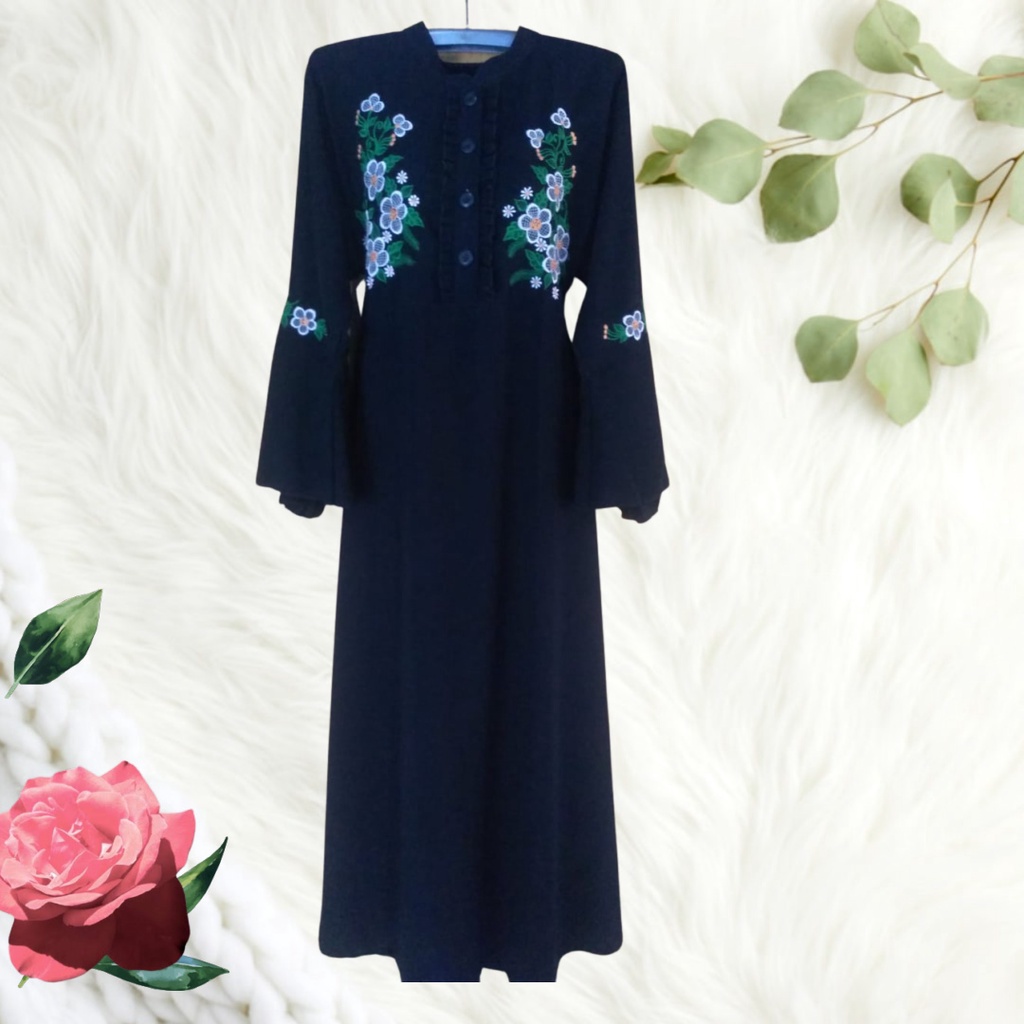 Jubah Akhwat Abaya Bordir Bunga Warna Kancing depan By Qonita Collection