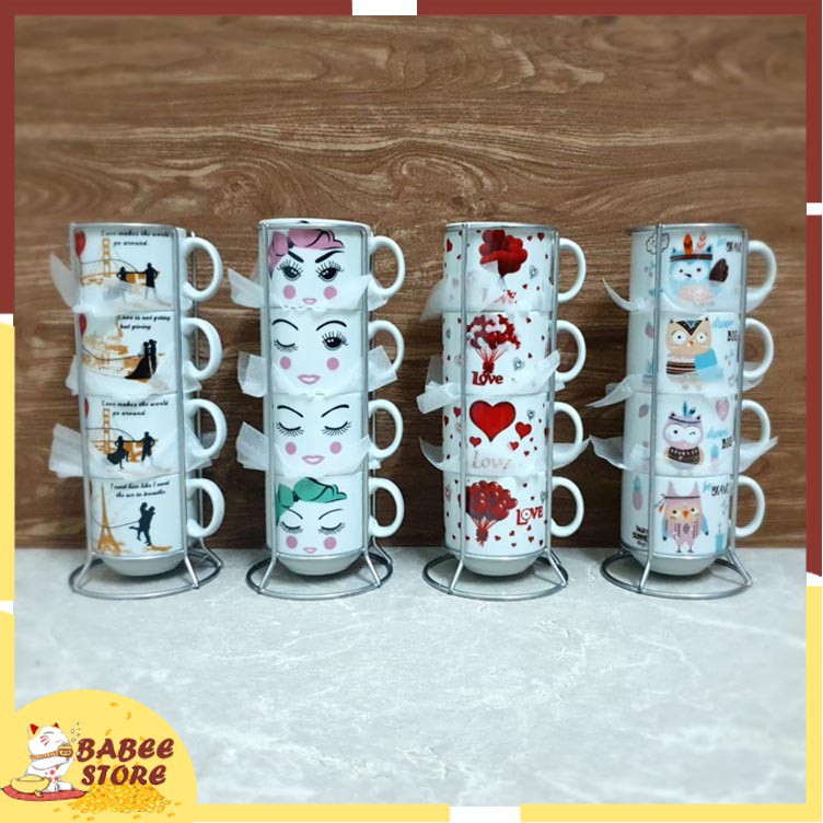 BABEE MUG KERAMIK SET 4 SUSUN SIZE S / CANGKIR GELAS 4 SUSUN BANYAK MOTIF / MUG TEH KOPI / KADO UNIK