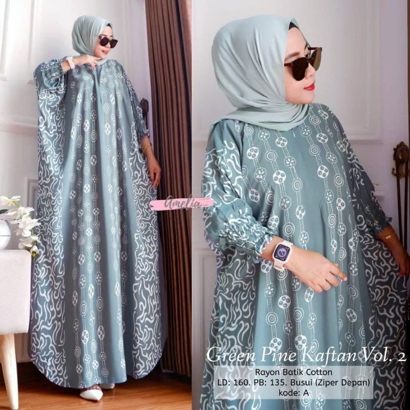 Green Pine Kaftan Motif Catur Batik Soft Color Jumbo Busui Resleting Depan Rayon Premium