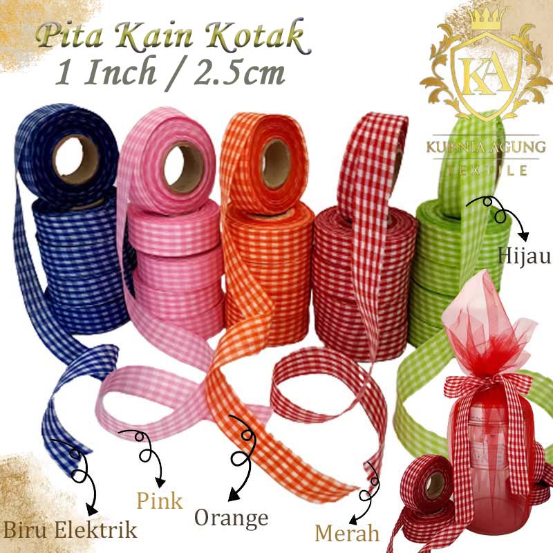 Pita Kain Kotak 1 Inch / Pita Motif Kotak Kotak 2.5cm Bungkus Kado Souvenir dijual ROLL