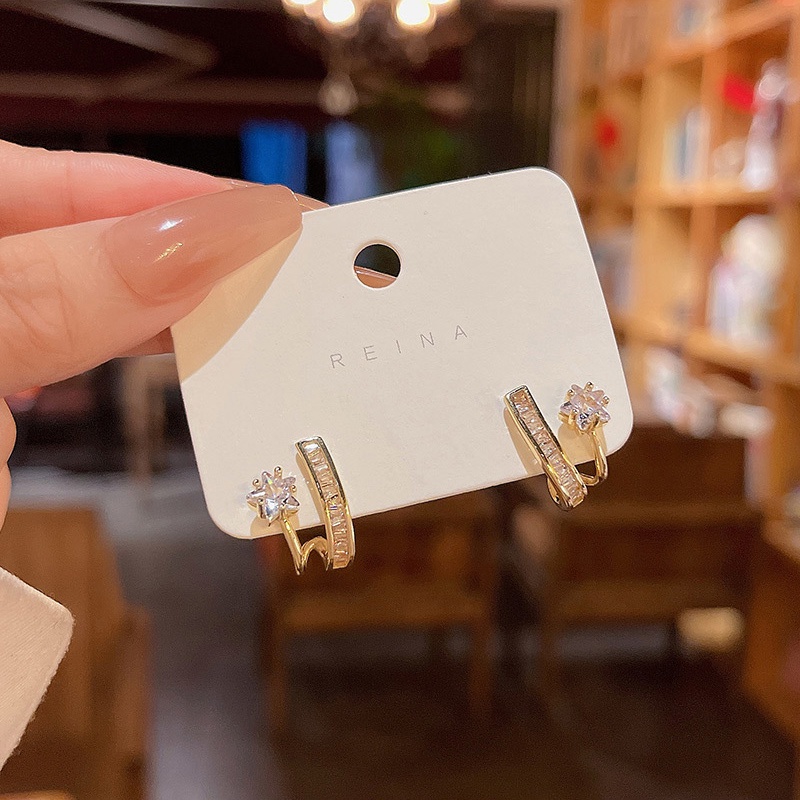 Anting Stud Desain Bintang Geometris Bahan 925 silver needle Aksen Zirkon