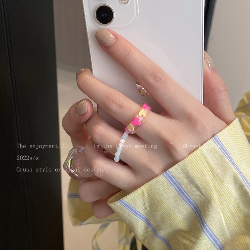 3pcs / Set Cincin Manik-Manik Resin Bentuk Hati Untuk Wanita