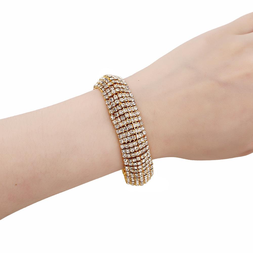 Solighter 7baris Gelang Kristal Pernikahan Fashion Wanita Berlian Imitasi Diamante Cuff Bangle