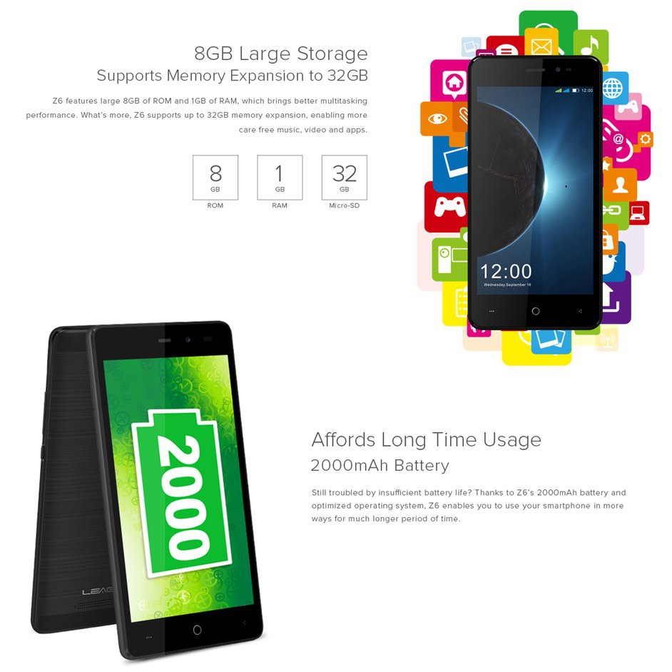 LEAGOO Z6 4.97 inch 1+8G Adroid 6.0 Quad-core 2000 mAh Smart Phone UK Plug