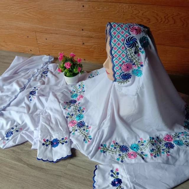 Mukena dewasa terusan lajuran polino bordir motif gir melingkar warna biru hijau ungu orange