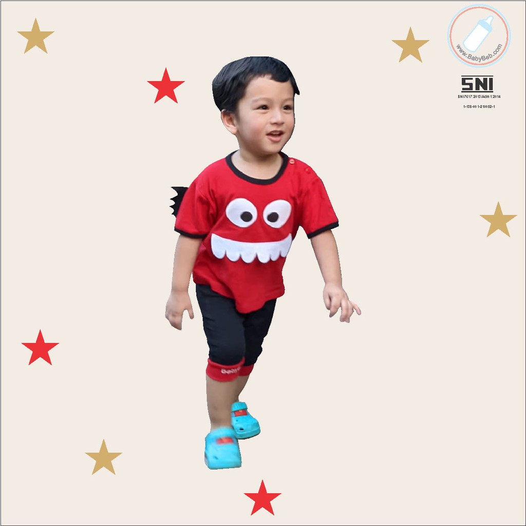 BERSERTIFIKASI SNI BABYBEB Little Monster BabyBeb Baju Setelan Kaos Celana Pergi Jalan Lucu Fashion Anak Bayi Cowok Laki Lucu