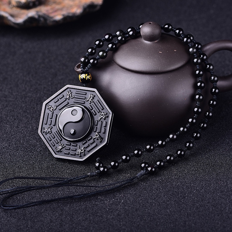 Kalung Jimat Liontin Manik-Manik Batu Hitam Yin Yang Tai Chi Gosip Gaya Cina Retro Untuk Pria Dan Wanita