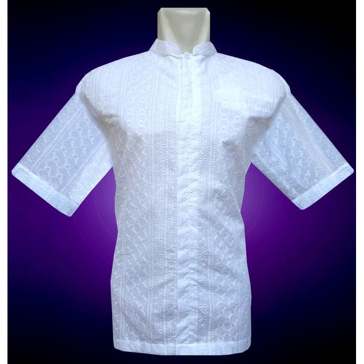 Baju Koko Tgn Pendek Putih Full Bordir Motif Flower akk1175