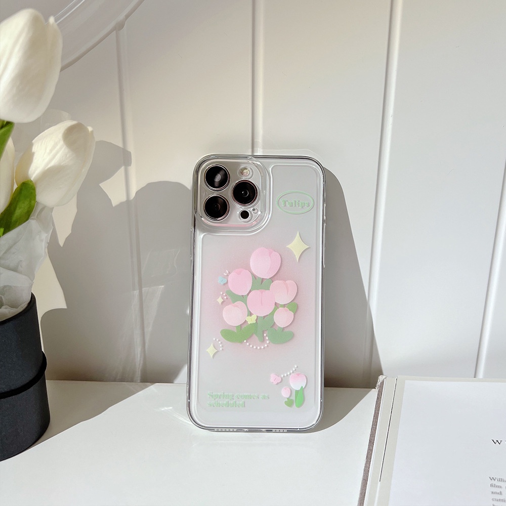 Case Pelindung Warna Pink Tulip Transparan Dengan Kartu Laser Untuk Iphone 11 8 7 Plus SE2 XS XR 12 13 Mini PRO MAX