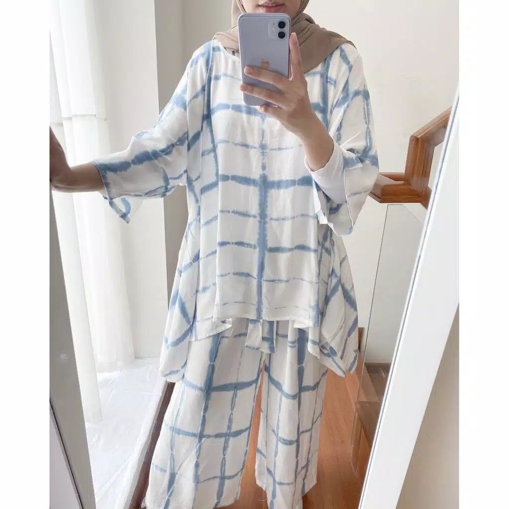 One Set Tie Dye Batik Kotak Biru Setelan Shibori Daily Home Set Rayon Kekinian Hits Gaul