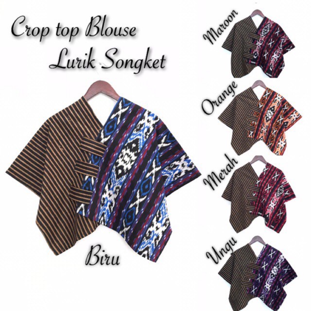 Blus Croptop Cropping Lurik Kombinasi Motif Tenun Baju Batik Kantoran Wanita Casual Formal Katun Warna-2