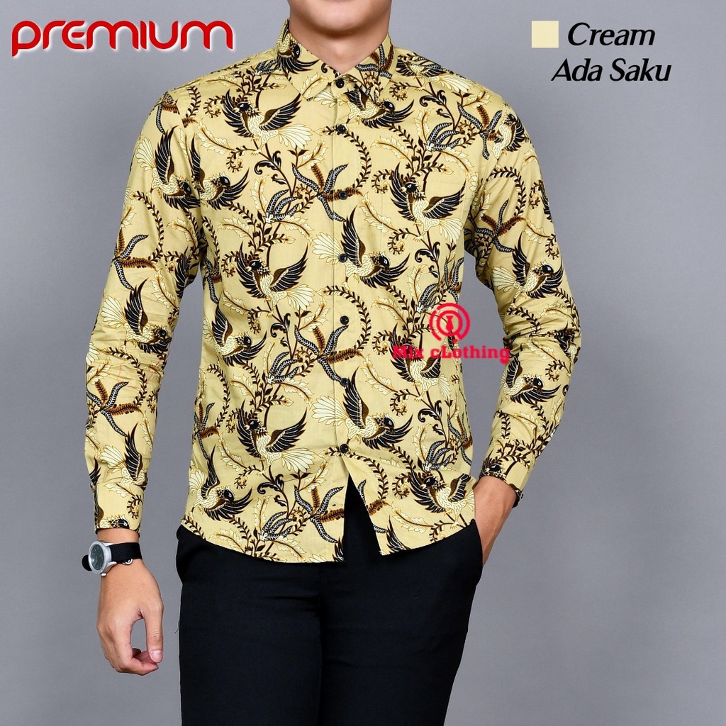 New Premium Baju Kemeja Batik Pria Slimfit Lengan Panjang 1721 Cream-Kuning