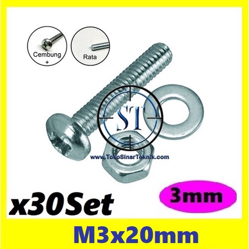 x30 Set Baut Mur Ring M3 x 20mm JP3 M3 3mm Ukuran M3x20 3x20mm 3x20 3x20mm