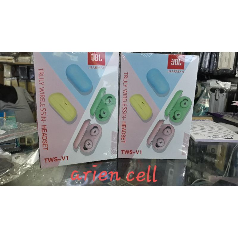 headset bluetooth jbl tws v1 super bass banget awet