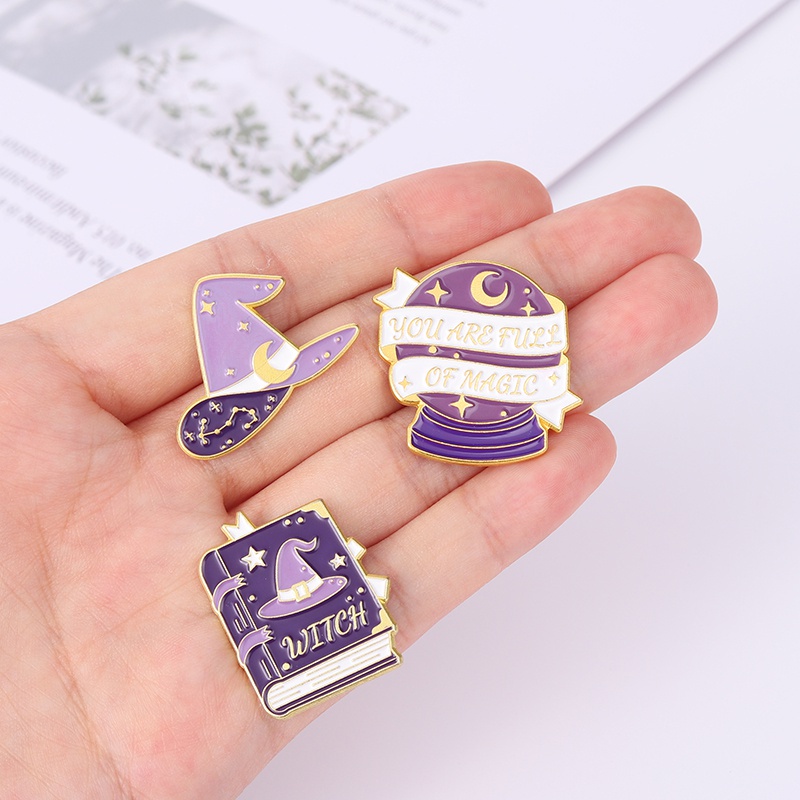 5 Styles Magic Ename Pin Magic Book Pin Witch Hat Pin Divination Crystal Ball Pin Witchcraft Badge Brooch Lapel Pin Gift for Friend