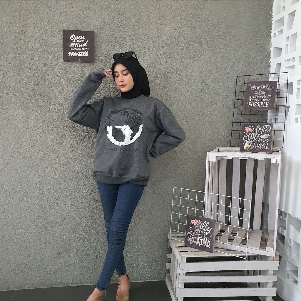 WATER IS LIFE SWEATER FLEECE // CREWNECK WANITA FLEECE TEBAL KECE TERBARU