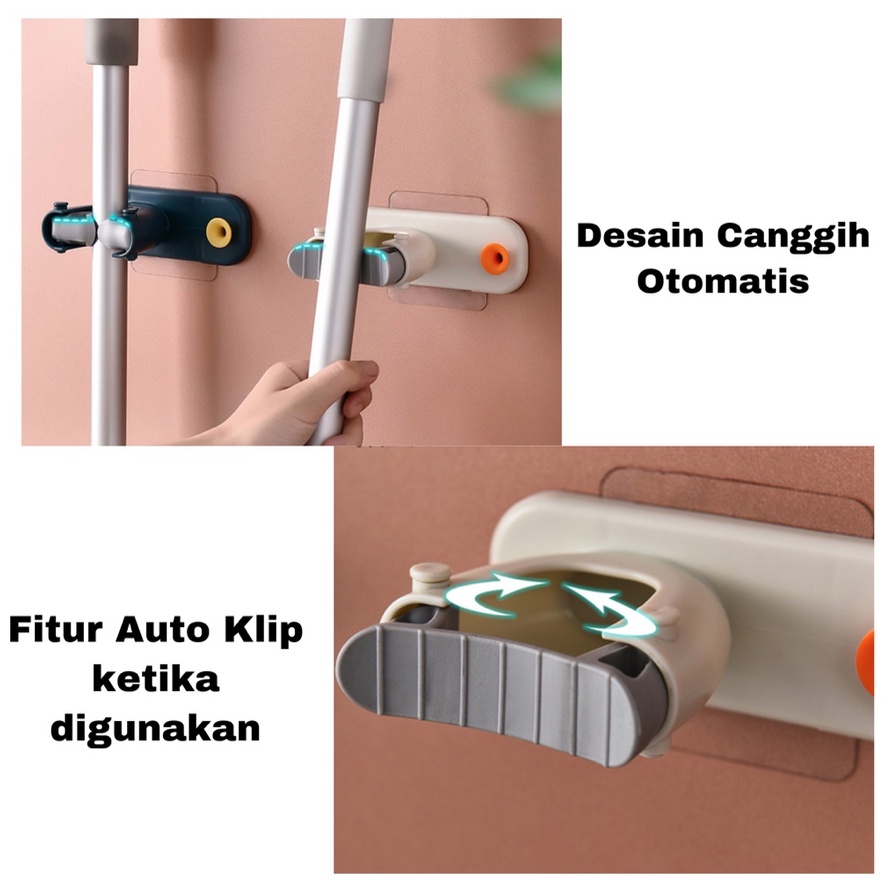 Gantungan Sapu Pel 2 in 1 / Gantungan Dinding Tempel Alat Pel Sapu Handuk / Mop Holder 2 Slot