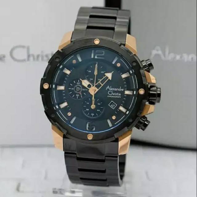 Jam tangan Alexandre Christie AC 6410 rantai pria black rose gold original