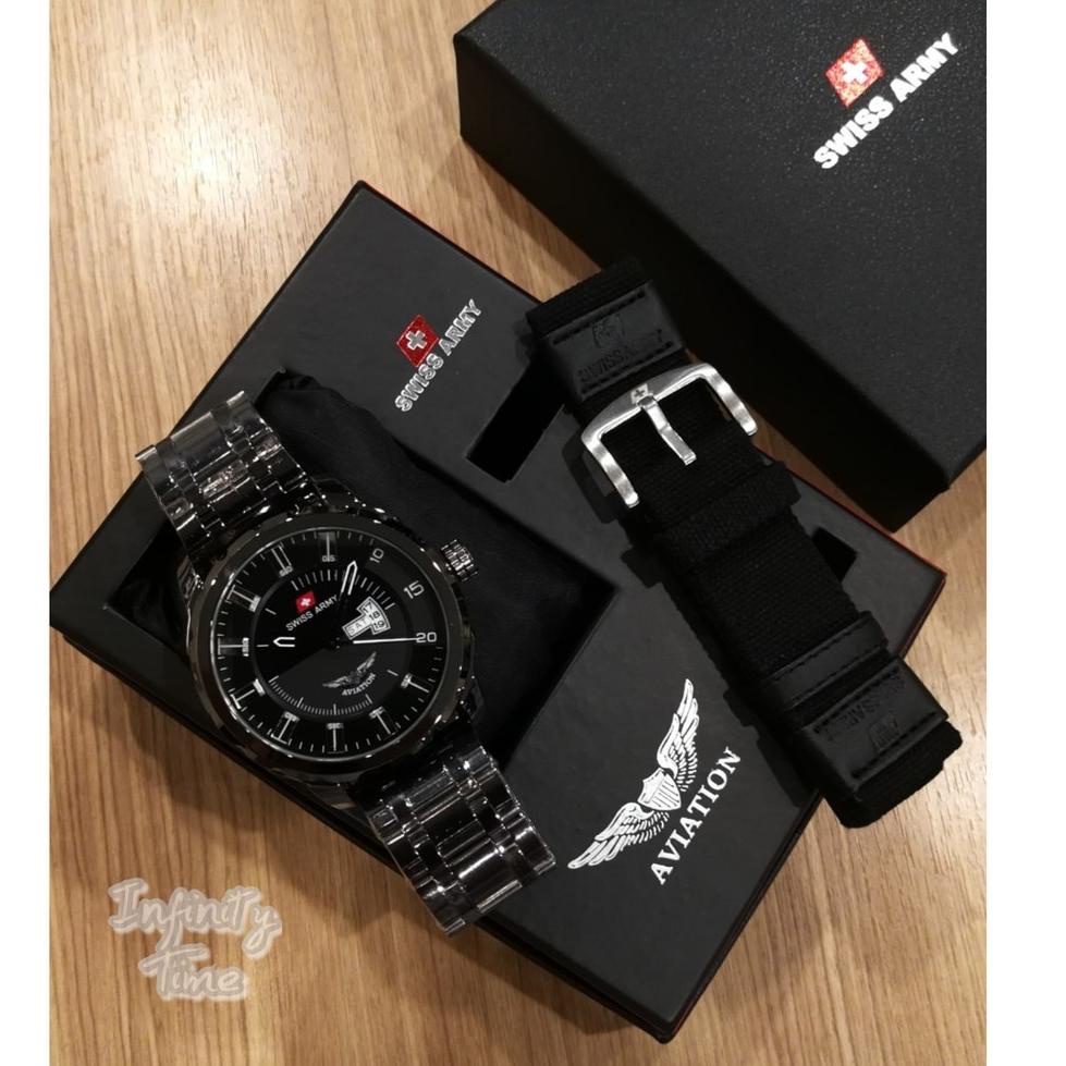 [SLL.25Au22т] Jam Tangan Pria Cowok Swiss Aviation Rantai Stainless Free Strap Kanvas ( Warna Strap 