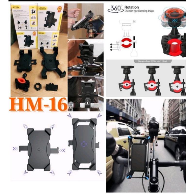 MM - Holder Hp Stang Motor HM 16 360° Rotation Phone Holder Sepeda HM 16 Smartphone Kokoh