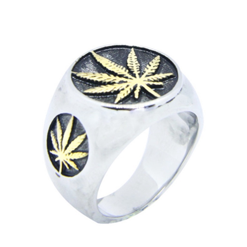 Cincin Desain Daun Maple Canada Bahan Stainless Steel 316l Warna Emas Untuk Pria