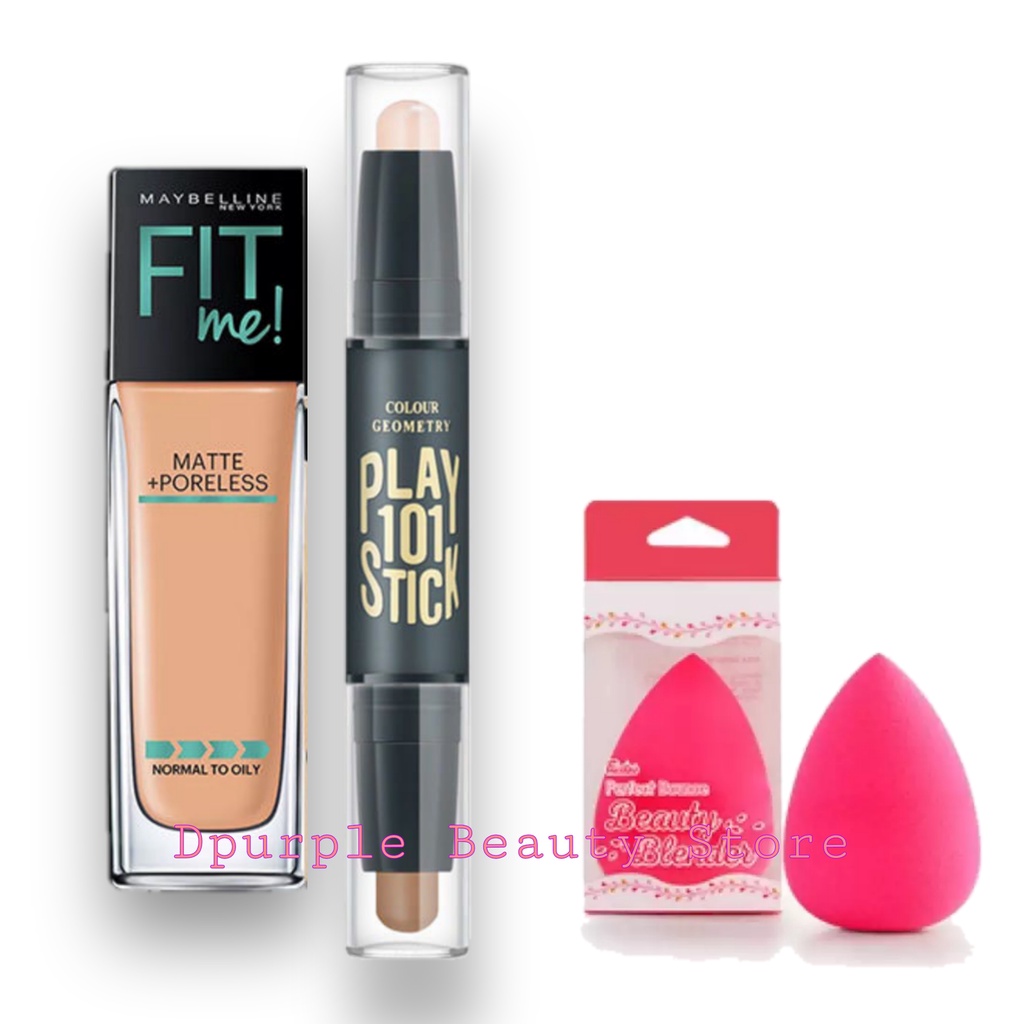 (COD) Paket Fondation Maybelline + Contour Stick 2 in 1 Gratis Beauty Blender - Fondation + Contour Stick 2 in 1 Gratis Beauty Blender