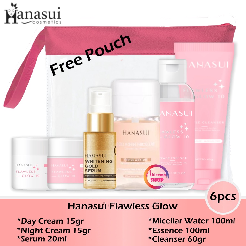 Paket Hanasui Flawless Glow 6pcs (day cream 15gr+night cream 15gr+serum gold 20ml+Micellar 100ml+essence 100ml+cleanser 60gr)