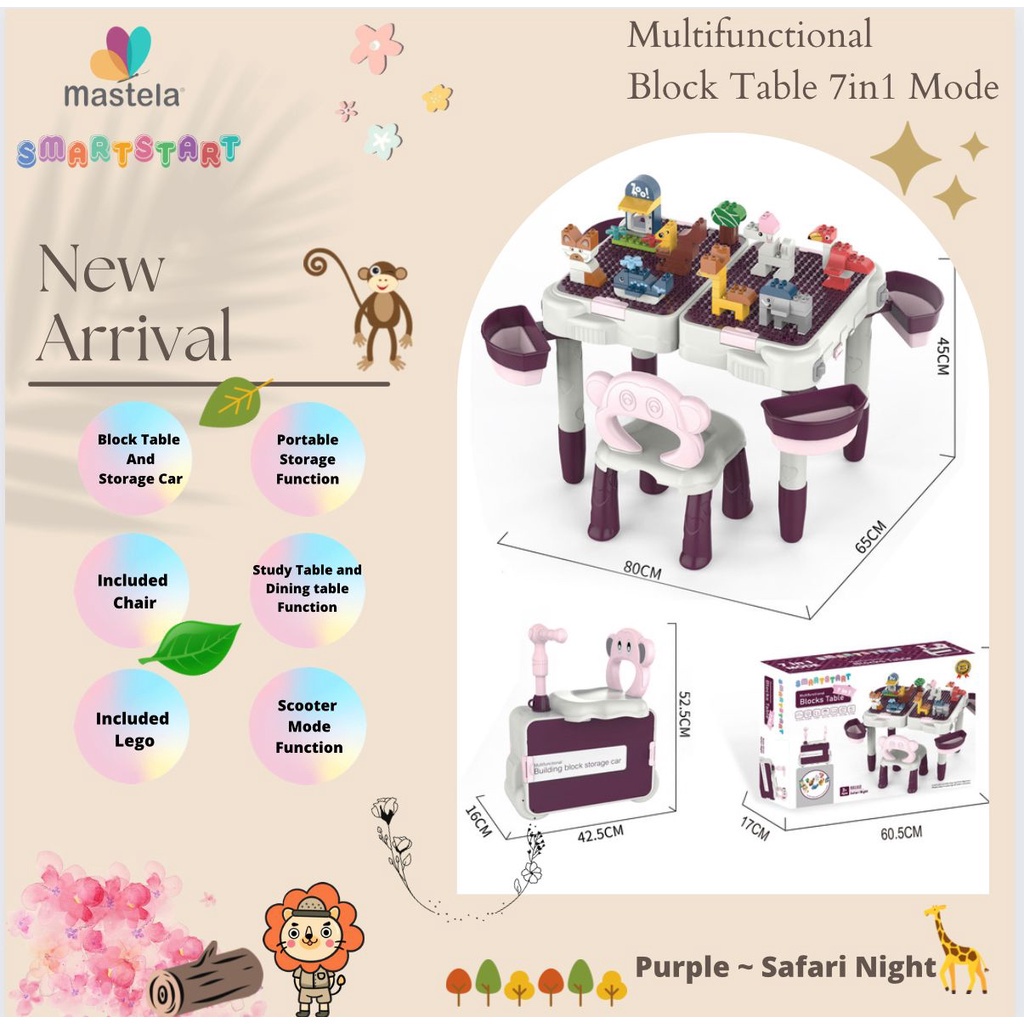 MASTELA Multifunctional Blocks Table 7 in 1 Mode / Mainan Edukasi jadi Trunki Ride On Suitcase MEJA LEGO