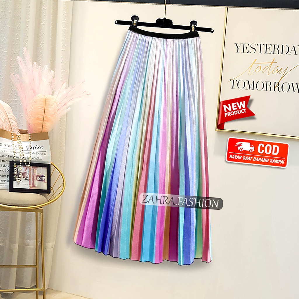 Rok Plisket rimple kekinian Motif Pelangi/Rainbow Import 7/8 Bahan satin Premium style korea terbaru
