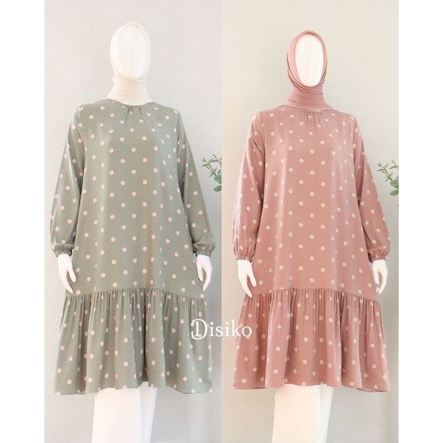 Terbaru , Long Tunik polka Katun Pop Crincle , Original Disiko Exclusive , Atasan Wanita Muslim cant