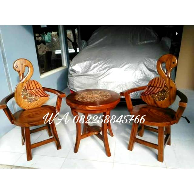 Meja Kursi Teras Imut Motif Animasi Kayu Jati Ukir Jepara, Meja Kursi Tamu Teras Depan