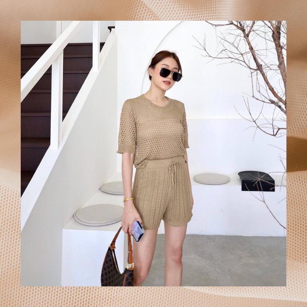 Rebecca Fishnet Knit Set Blouse & Shorts | Set Atasan Celana Pendek Set Kaos Celana Pendek Set Outer