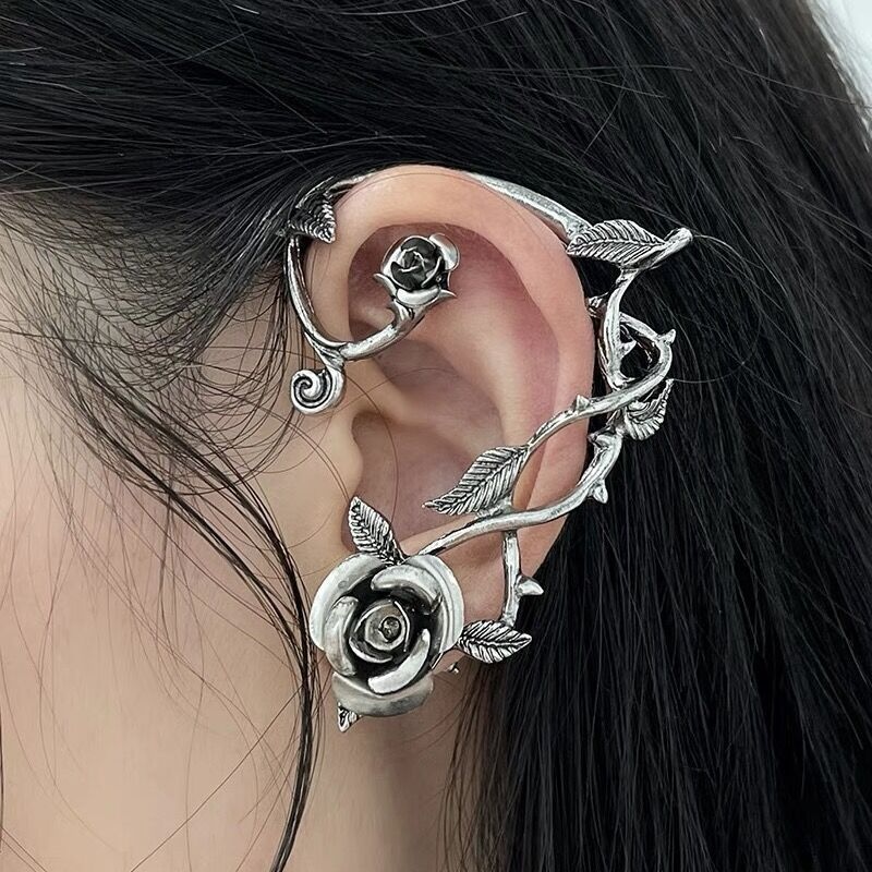 Anting Klip Tanpa Tindik Desain Bunga Mawar Demon Angel Gaya Punk Goth Vintage Untuk Wanita