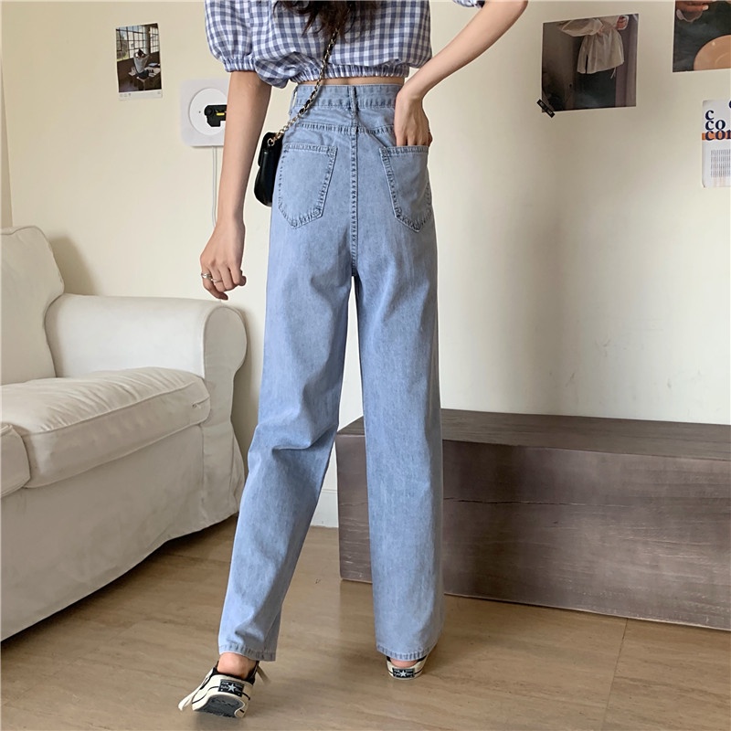 Jeans Wanita Loose High Waist Celana jins Korean Style Straight Pants