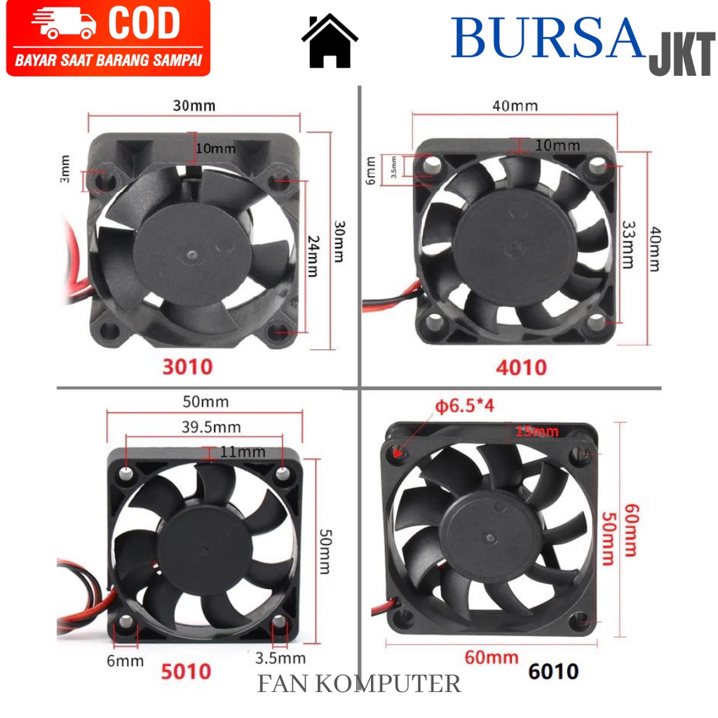 FAN DC 12V 5A 3010 4010 4020 5012 6015 6025 7015 8025 9025 12025 2 PIN MINI UNTUK KOMPUTER PC PRINTER