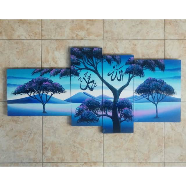 Lukisan kaligrafi pemandangan nuansa biru