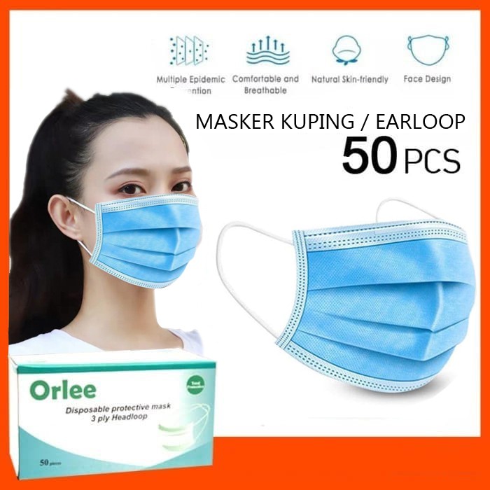 Masker 3 ply 3ply Biru Blue Orlee Earloop 3ply 50 embos original