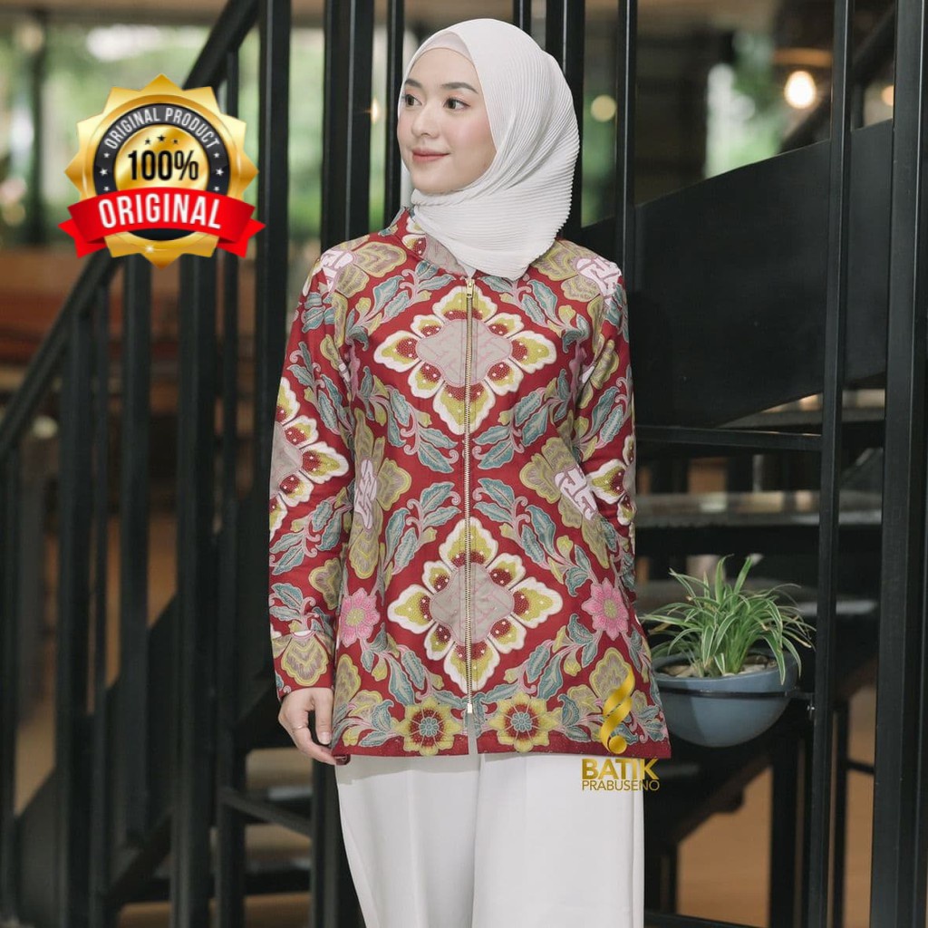 Batik Prabuseno Motif LATHIFA MERAH Blouse Atasan Baju Batik Wanita Lengan Panjang Modern Jumbo Orig