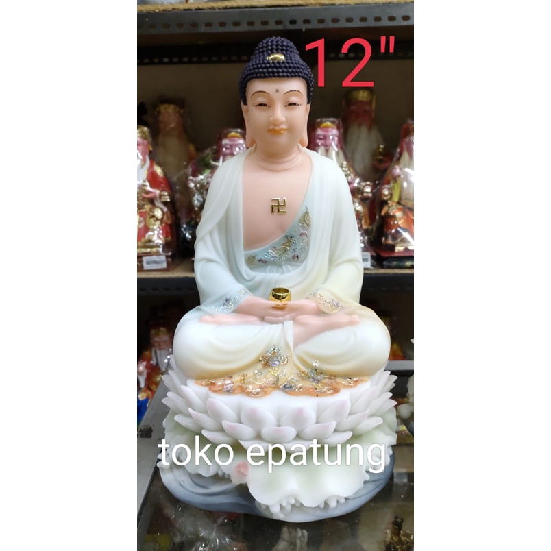 patung buddha sakyamuni / gaotama - 12 inch - giok putih - teratai