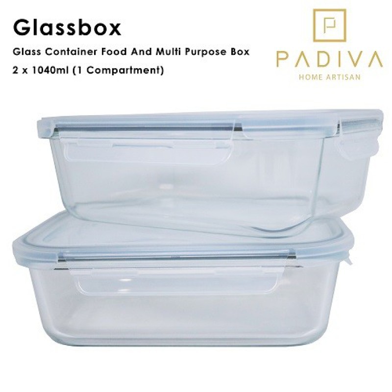 Padiva Glassbox 1 Compartment Glass Container 2 Pcs - 1040 ml