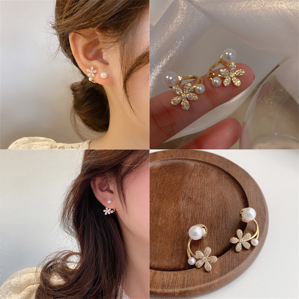 【COD Tangding】Anting Tusuk Desain Bunga Hias Mutiara Untuk Wanita