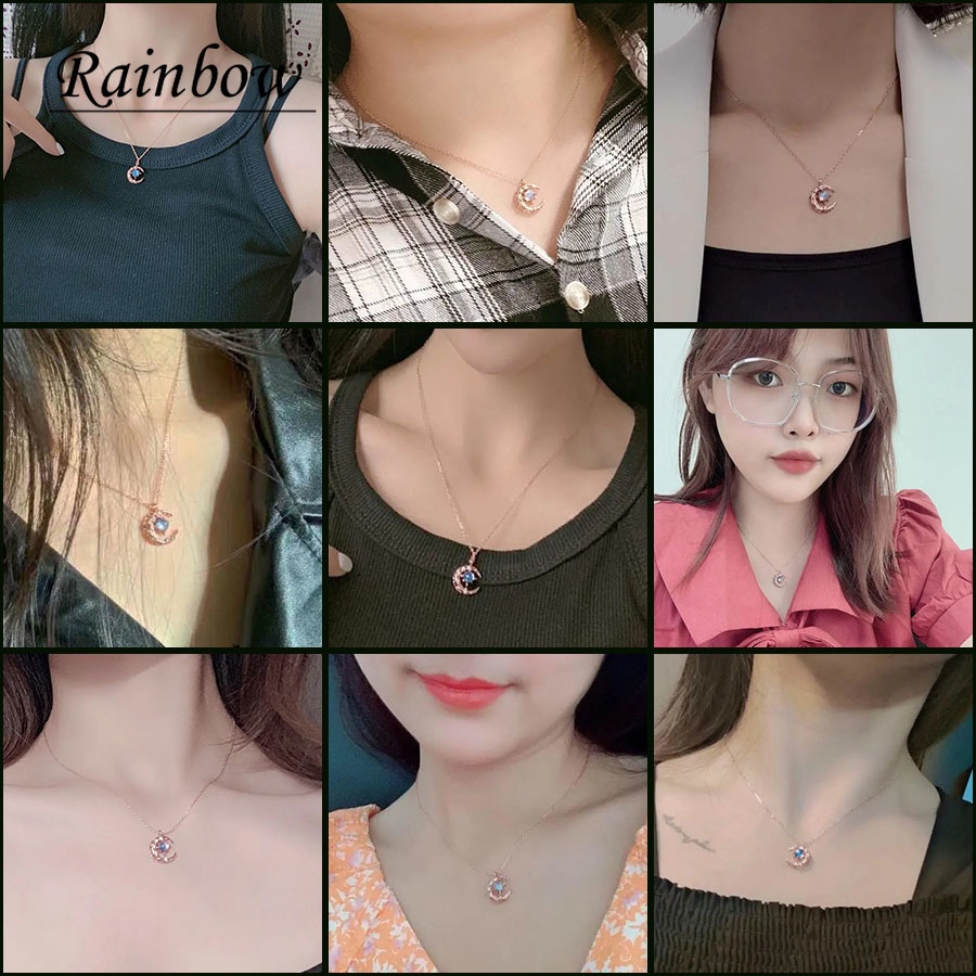 Kalung Rantai Klavikula Hias Liontin Bulan Bintang Model Hollow Bahan Zirkon Untuk Wanita