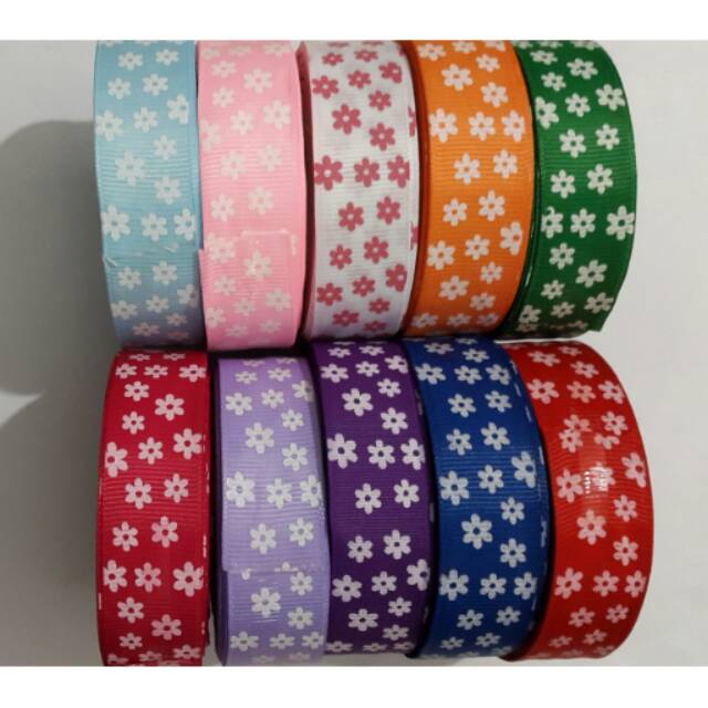 Pita grossgrain 2.5 cm dan 1,2 cm motif bunga kecil rol 10 yard &amp; 20 yard