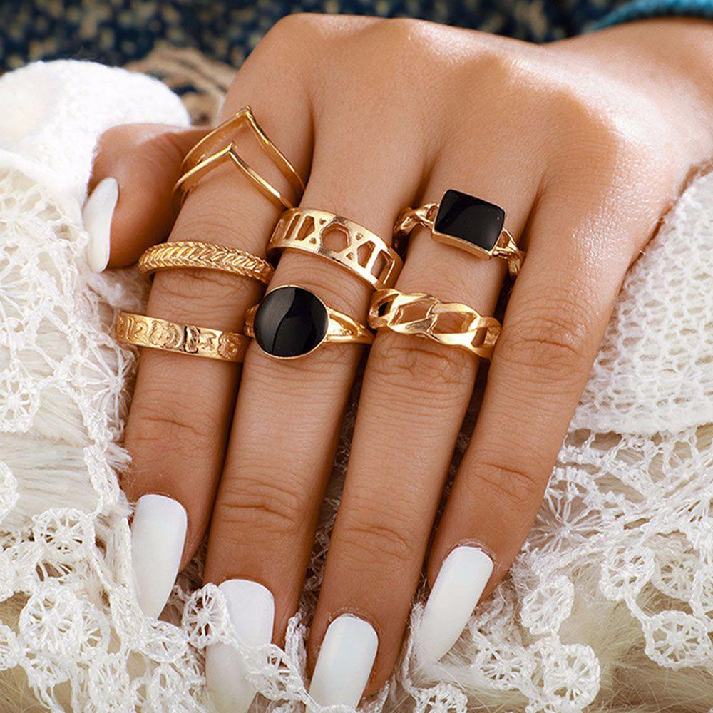 Mxbeauty Rings 7Pcs/set Temperamen Vintage Memutar Pesta Perhiasan Rantai Warna Emas Logam Ekor Cincin