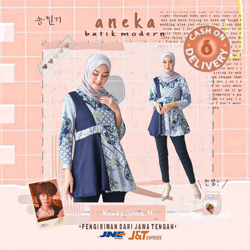ATASAN BATIK WANITA BLOUSE LENGAN PANJANG WARNA NAVI NAVY DONGKER BIRU MUDA KONDANGAN KERJA KANTOR