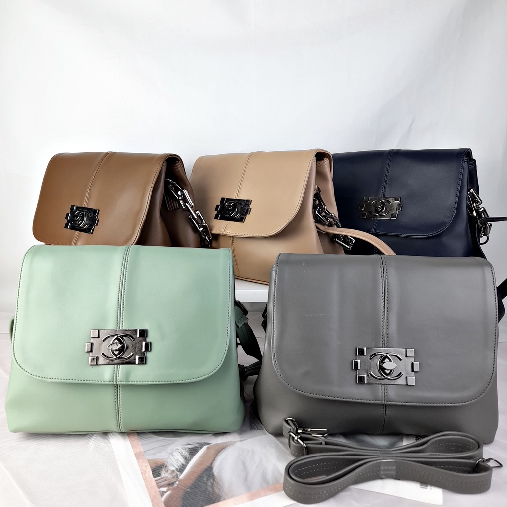 Tas Selempang Wanita Bahu Kuliah Santai Kulit Leather Polos Flap Hitam Mutiara Premium Lokal  KT073 KT074