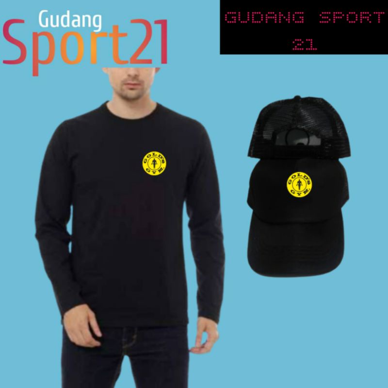 kaos baju lengan panjang GOLDS GYM fre topi kaos GOLDS GYM