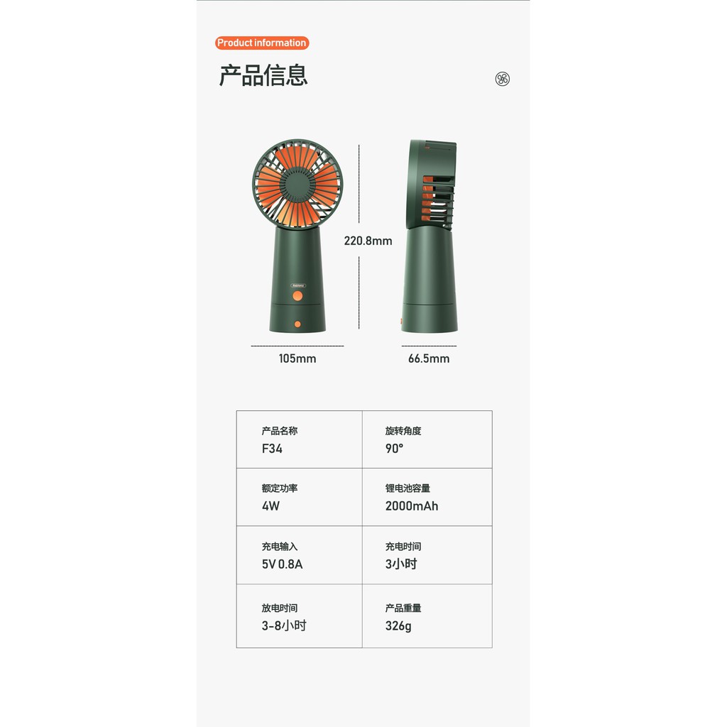 REMAX F34 - Dazzling Series Oscillating Desk Fan - Kipas Meja Portable dengan Base